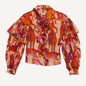 Farm Rio Wild Horses Rose Bow Neck Tie Blouse